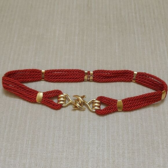 Red Braided Rope Belt with Gold Hook Closure - Picture 6 of 8